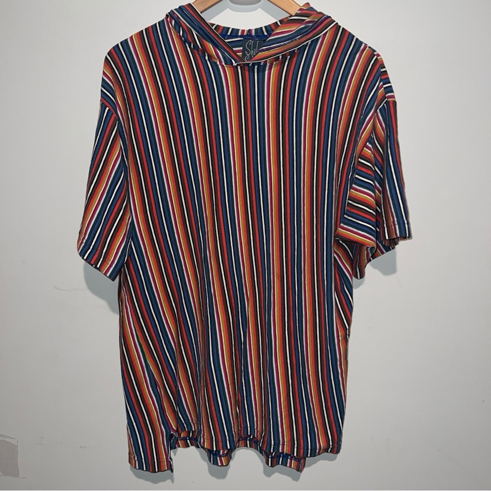 Vintage 90s Shah Safari Multicolor Striped Short Sleeve Hoodie Shirt